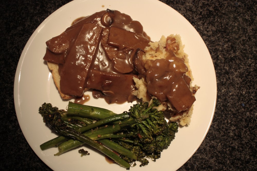 Open Face Hot Seitan Sandwich, Smashed potatoes, and broccolini