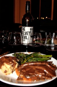 Tablescape with dinner plate and wine bottle